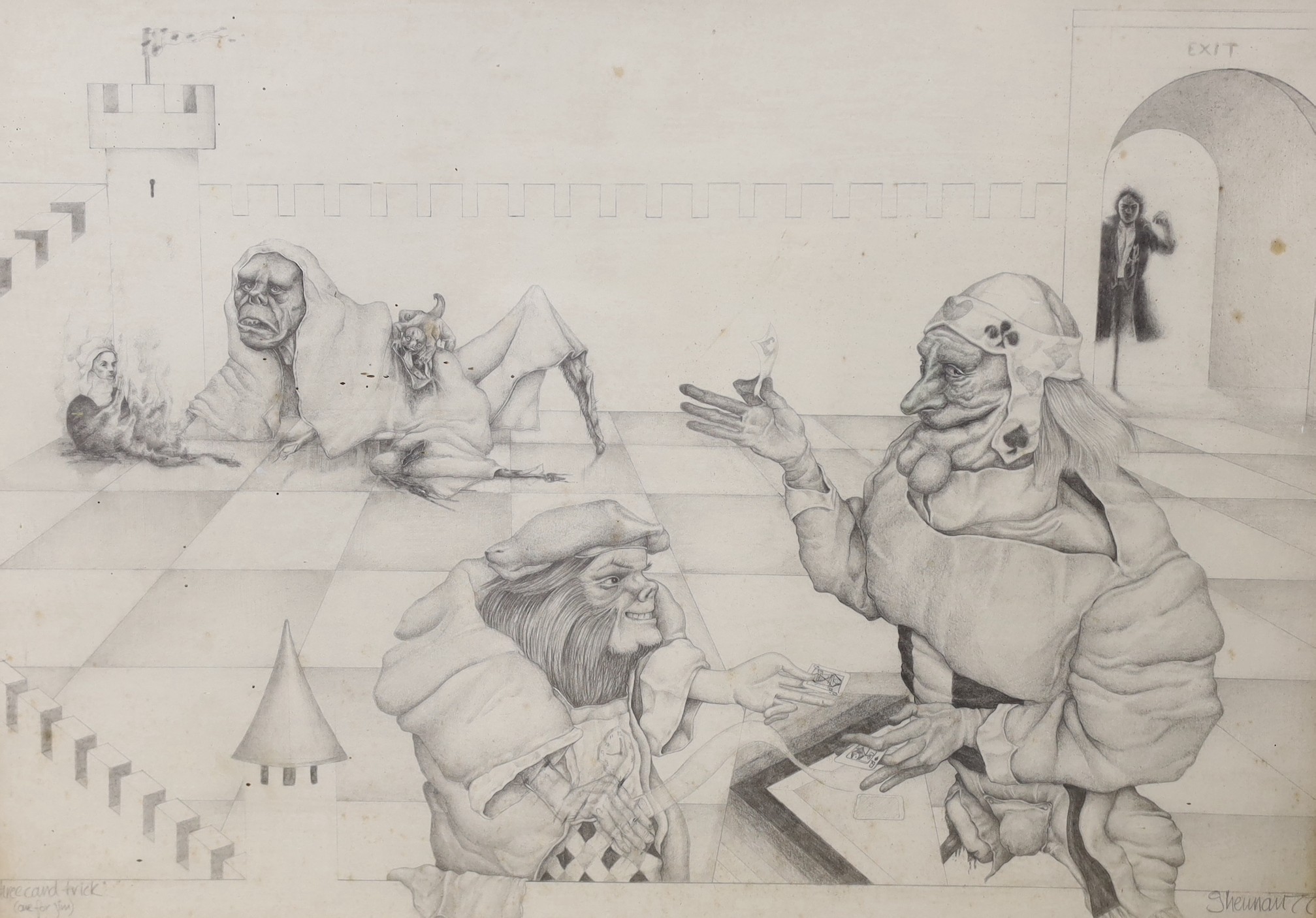 Modern British, pencil drawing, 'Three Card Trick', signed and dated '77, 32 x45cm